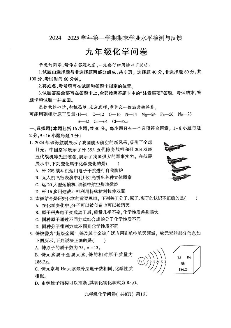 山东省聊城市阳谷县2024-2025学年九年级上学期期末考试化学试卷第1页
