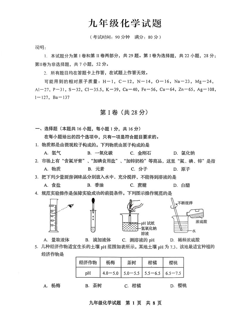 山东省青岛市李沧区2024-2025学年九年级上学期期末考试化学试卷第1页