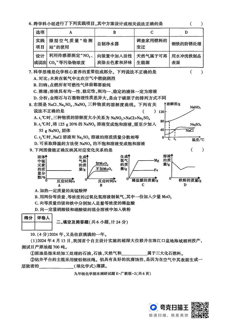 陕西省渭南市2024-2025学年九年级上学期期末调研化学试卷第2页