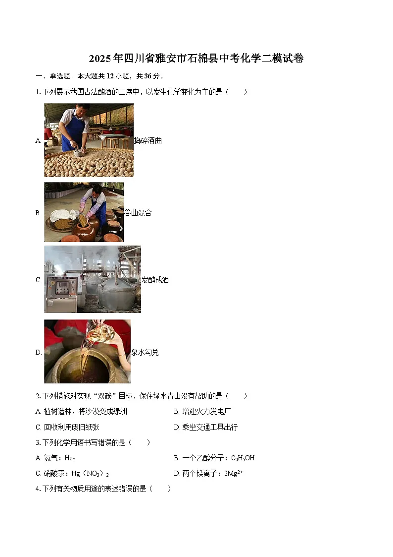 2025年四川省雅安市石棉县中考化学二模试卷-自定义类型第1页