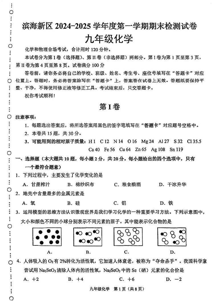 天津市滨海新区2024-2025学年九年级上学期期末考试化学试卷第1页