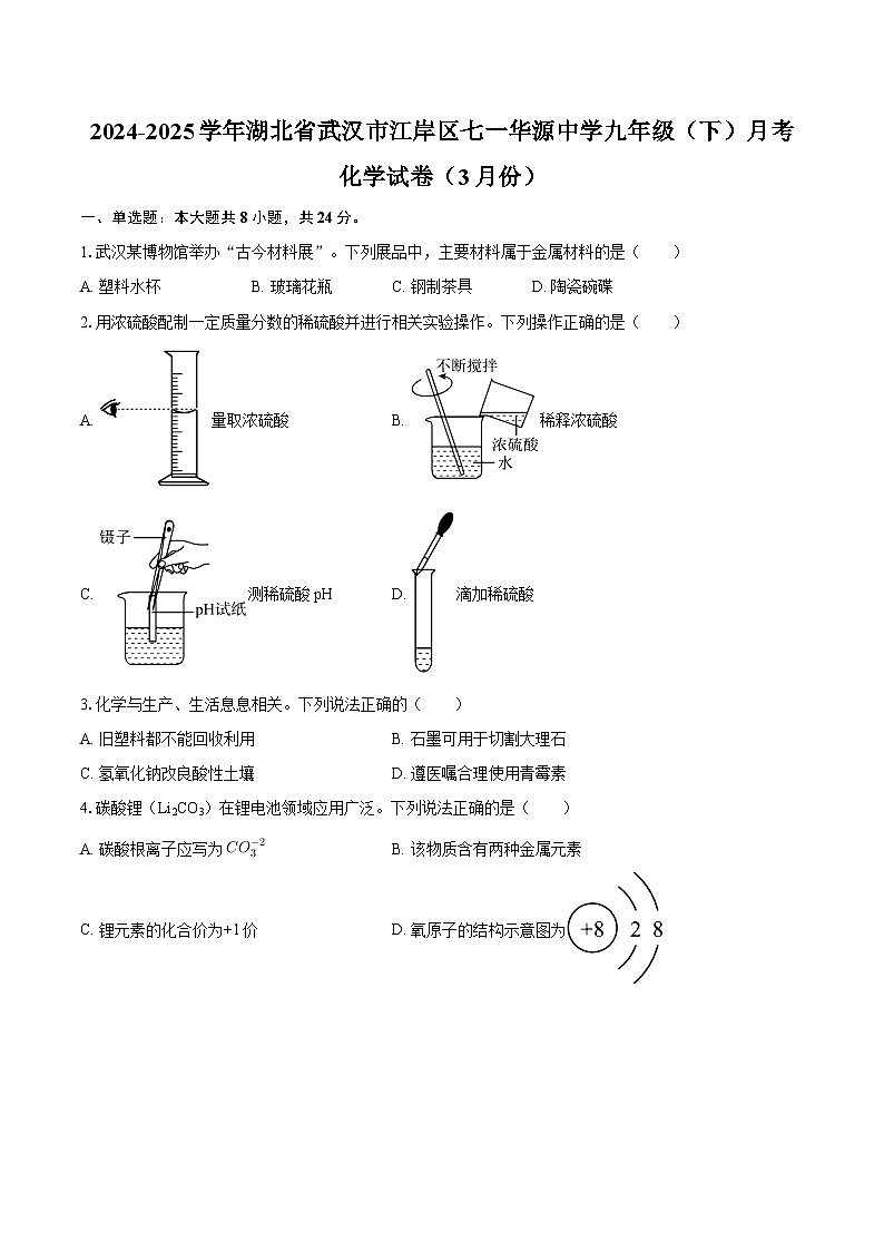 2024-2025学年湖北省武汉市江岸区七一华源中学九年级(下)月考化学试卷(3月份)-自定义类型第1页