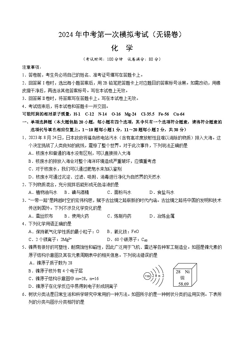 2024年中考化学(无锡)第一次模拟考试(含答案)第1页