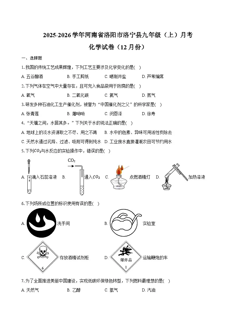 2025-2026学年河南省洛阳市洛宁县九年级(上)月考化学试卷(12月份)(含答案)第1页