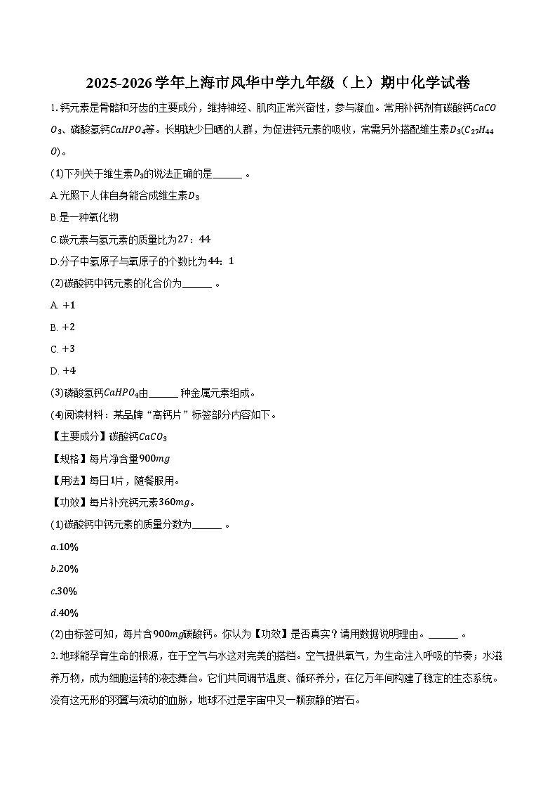 2025-2026学年上海市风华中学九年级(上)期中化学试卷(含答案)第1页