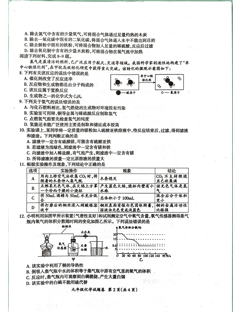 【9化期末】滁州市2024-2025学年九年级上学期1月期末考试化学试题第2页