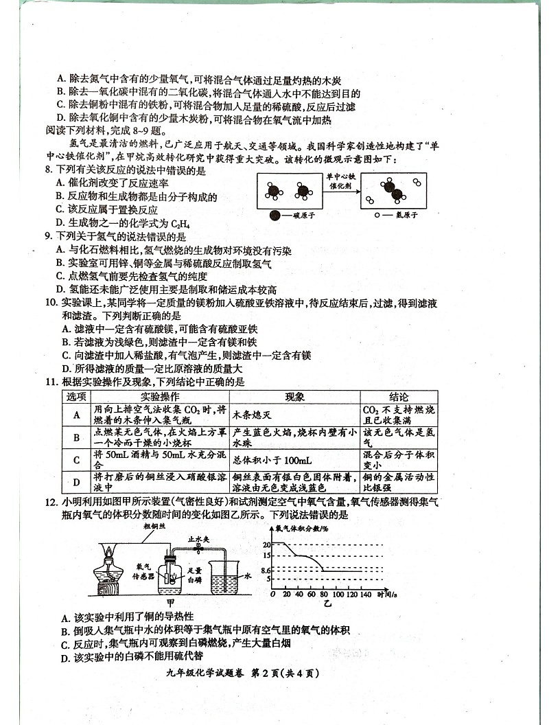 【9化期末】滁州市2024-2025学年九年级上学期1月期末考试化学试题第2页