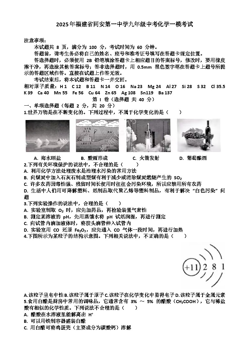2025年福建省厦门市同安区第一中学中考一模化学试题-A4第1页