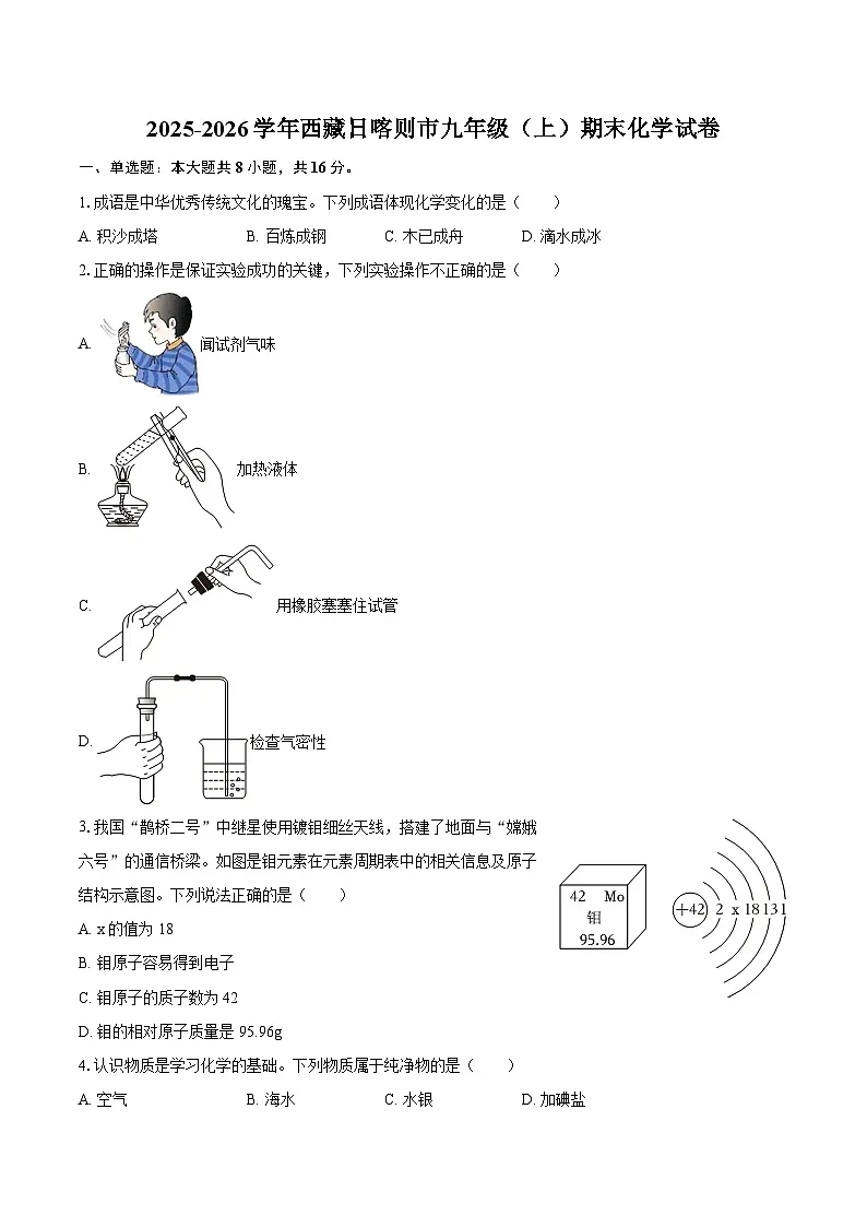 2025-2026学年西藏日喀则市九年级(上)期末化学试卷-自定义类型第1页