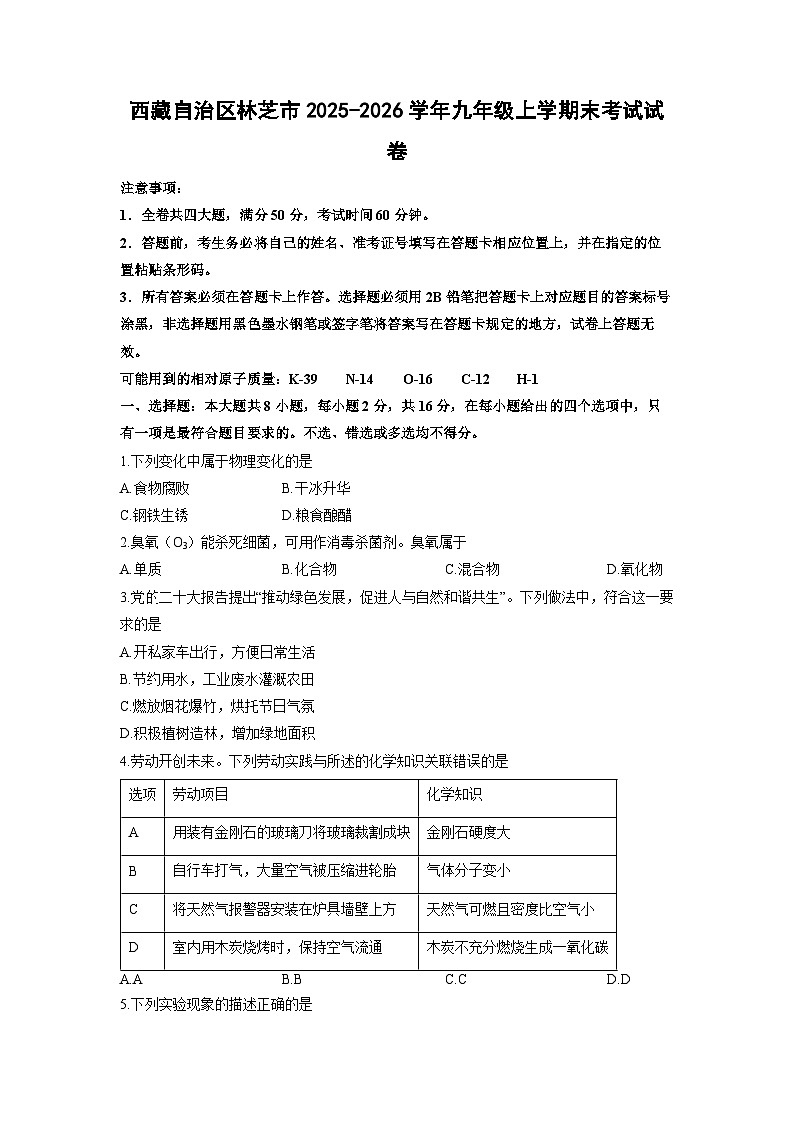 2025-2026学年西藏自治区林芝市九年级上学期末考试化学试卷(学生版)第1页