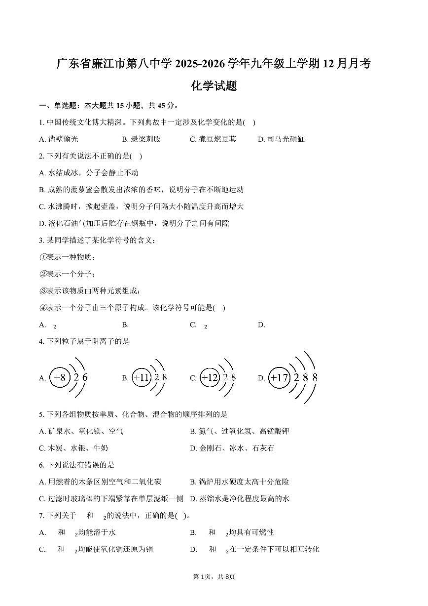 广东省廉江市第八中学2025-2026学年九年级上学期12月月考化学试卷(含答案)第1页