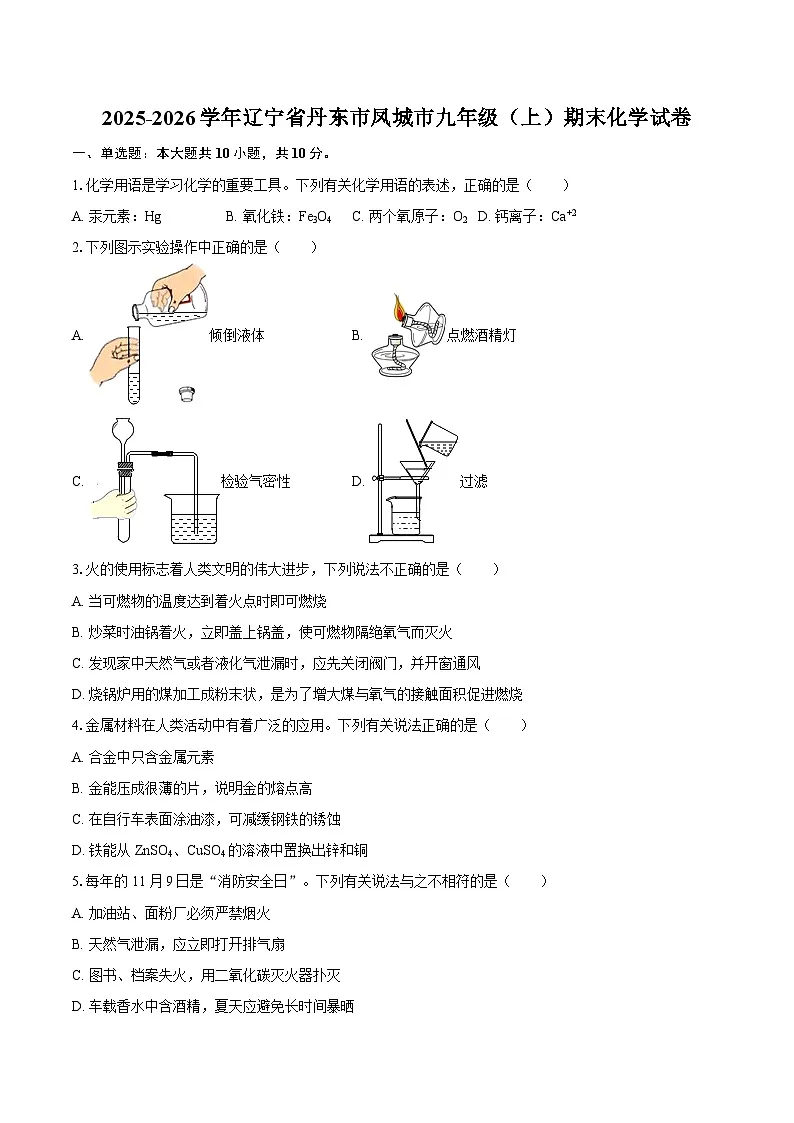 2025-2026学年辽宁省丹东市凤城市九年级(上)期末化学试卷-自定义类型第1页
