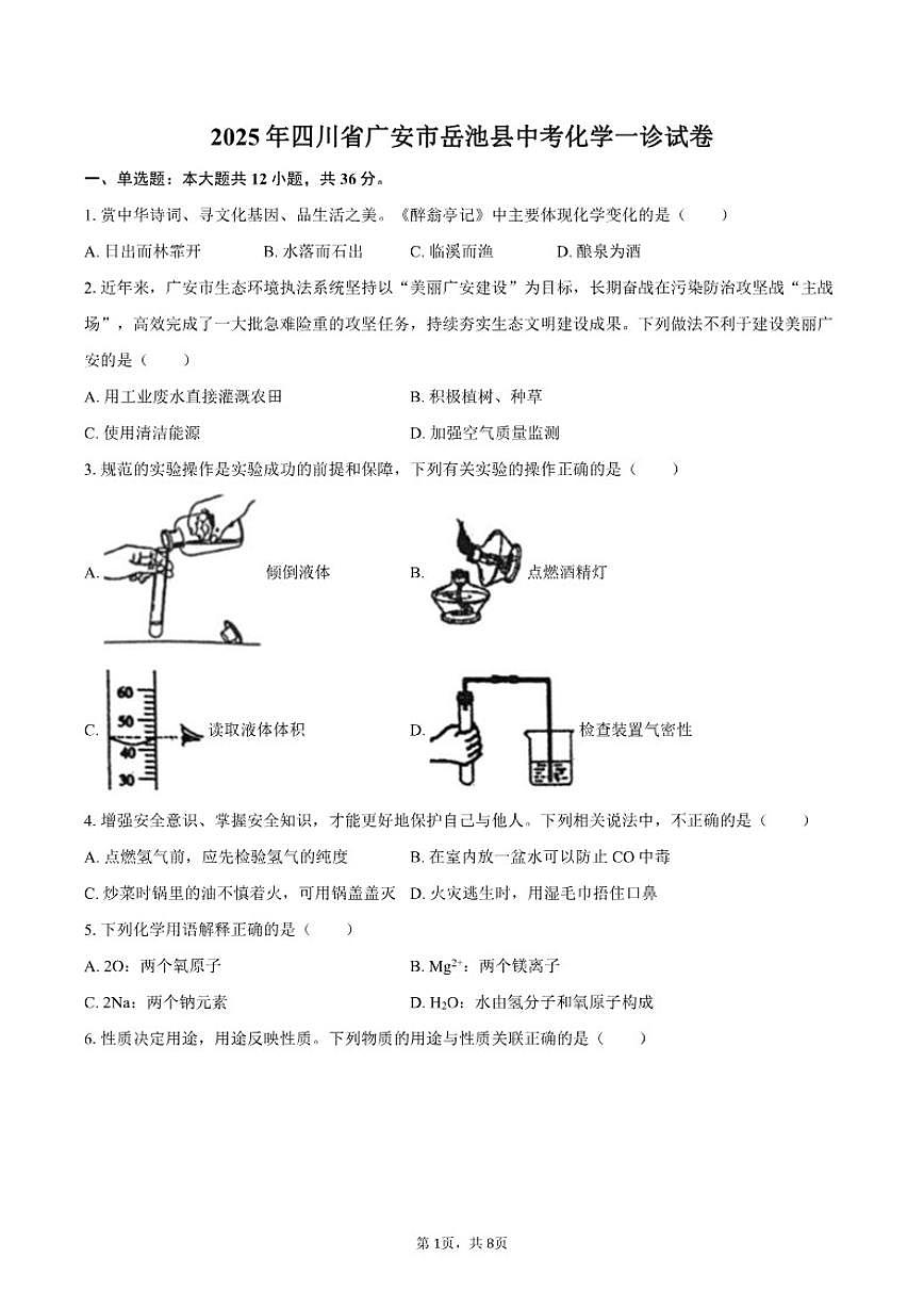 2025年四川省广安市岳池县中考化学一诊试卷(有(有答案)第1页