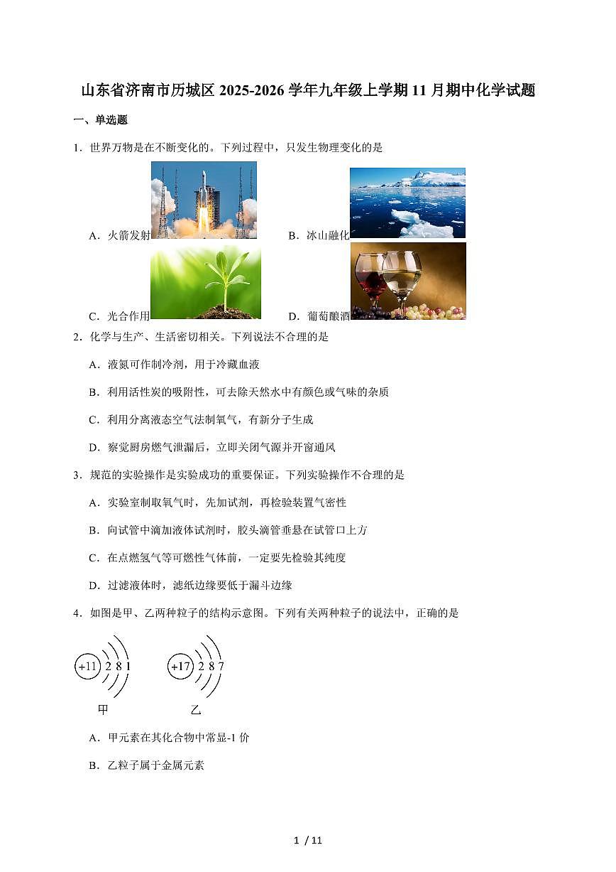 山东省济南市历城区2026届九年级上学期(11月)期中考试化学试题(含答案)第1页