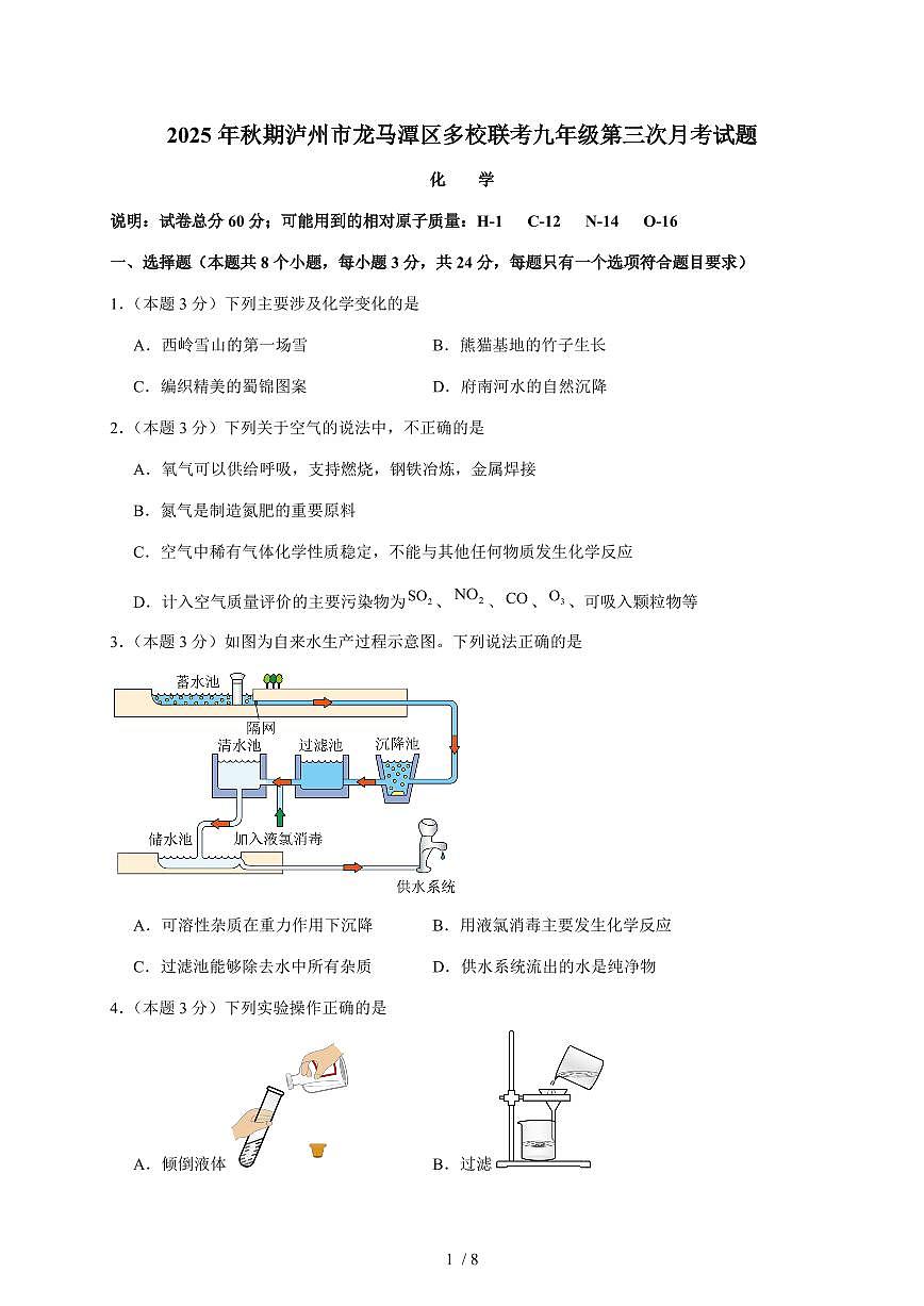 四川省泸州市龙马潭区多校2025~2026学年九年级上学期12月联考化学试题(含答案)第1页