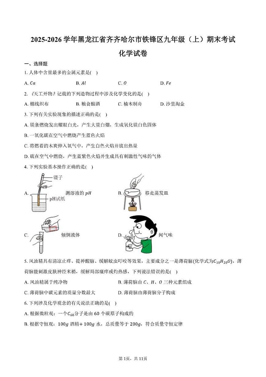 2025-2026学年黑龙江省齐齐哈尔市铁锋区九年级(上)期末化学试卷(含答案)第1页