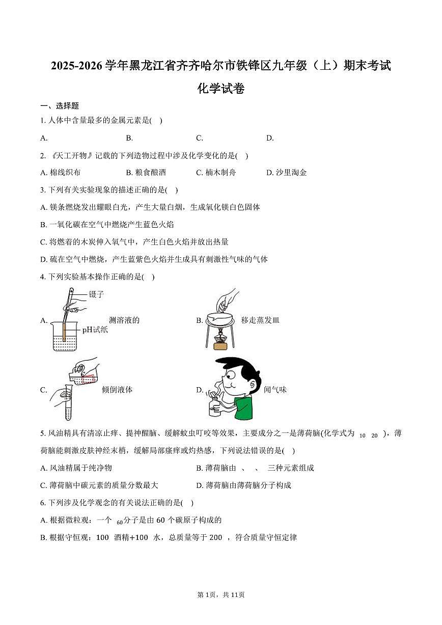 2025-2026学年黑龙江省齐齐哈尔市铁锋区九年级(上)期末化学试卷(含答案)第1页