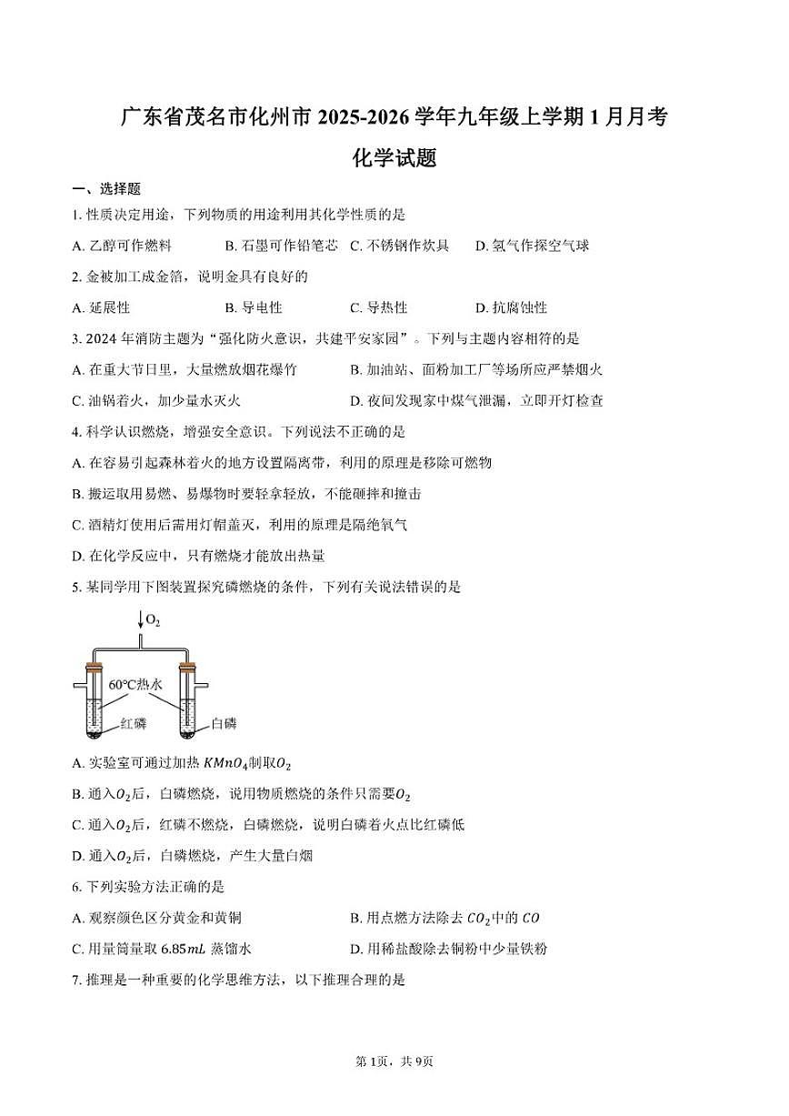 2025-2026学年广东省茂名市化州市九年级上学期1月月考化学试卷(含答案)第1页