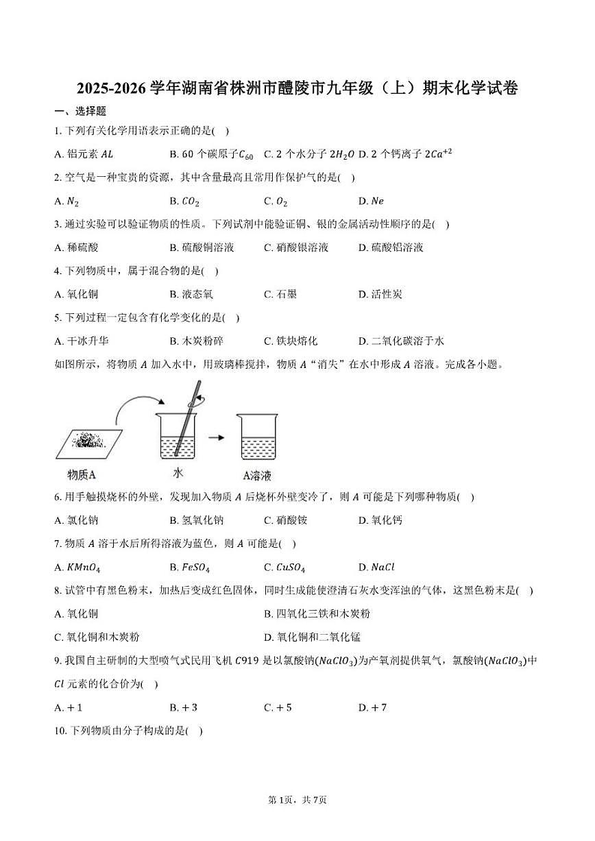 2025-2026学年湖南省株洲市醴陵市九年级(上)期末化学试卷(含答案)第1页