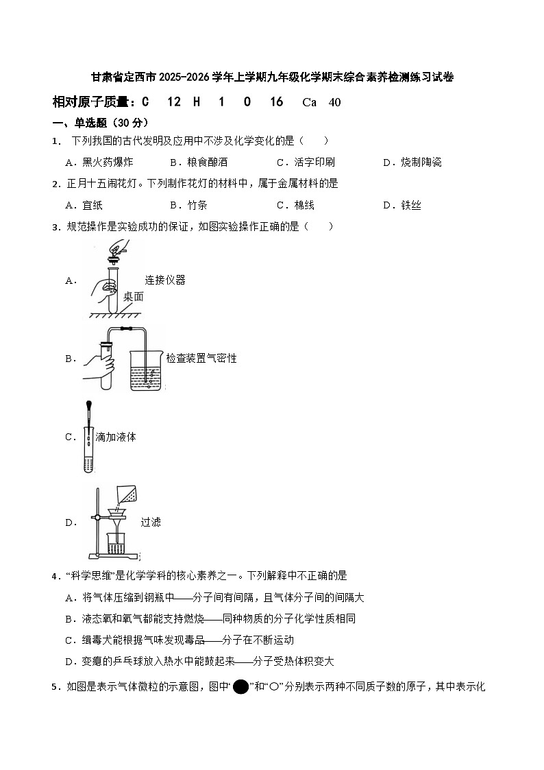 甘肃省定西市2025-2026学年上学期九年级化学期末综合素养检测练习试卷第1页