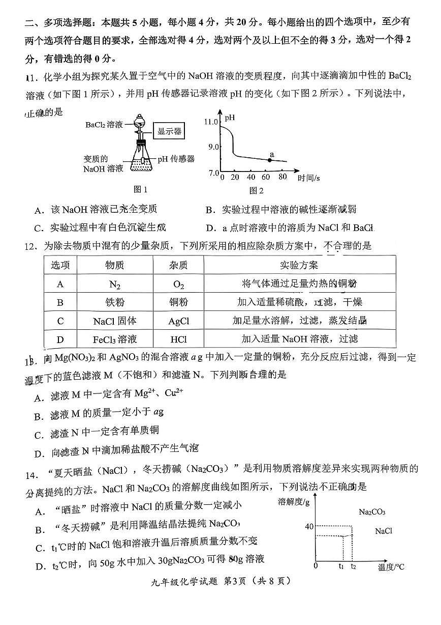 山东省济南市槐荫区2025-2026学年九年级上学期期末考试化学试题第3页