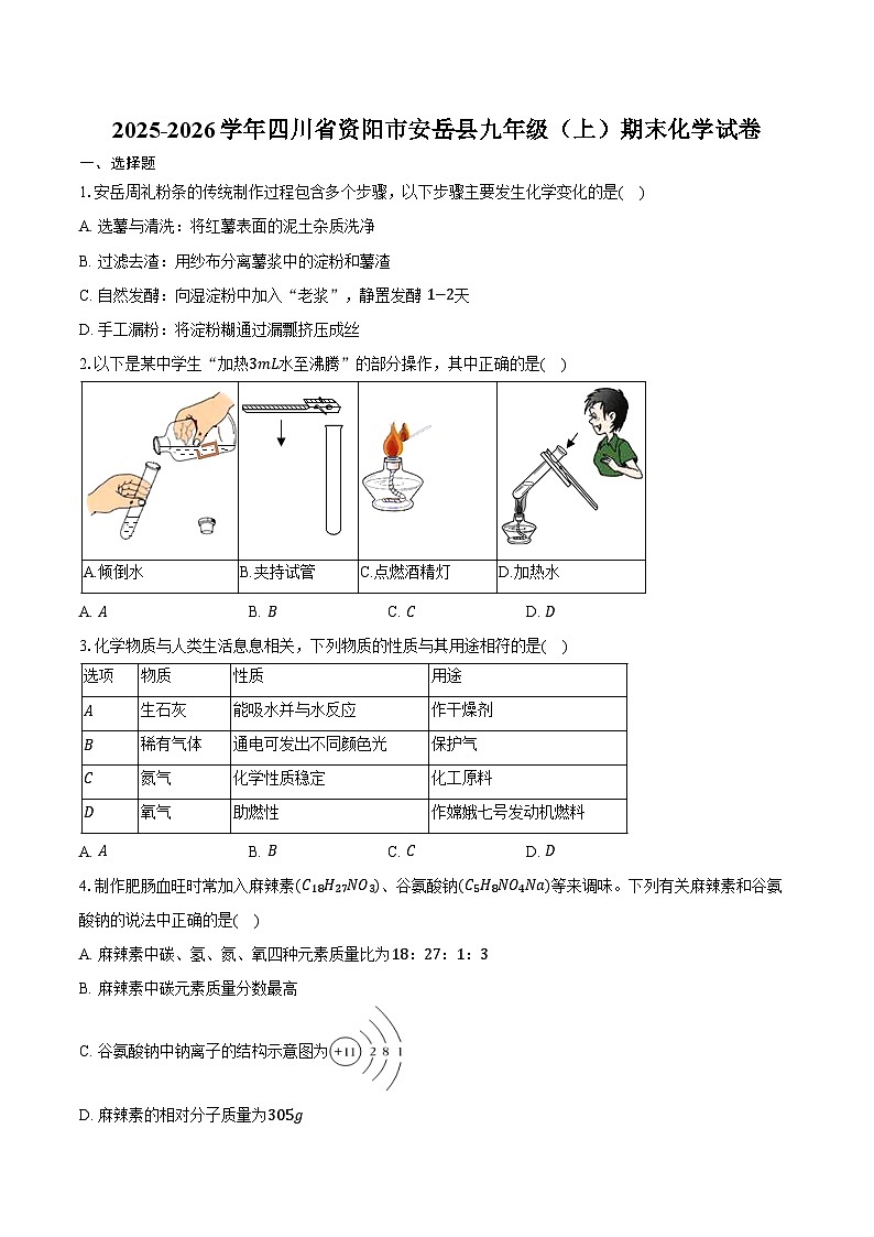 2025-2026学年四川省资阳市安岳县九年级(上)期末化学试卷(含答案)第1页