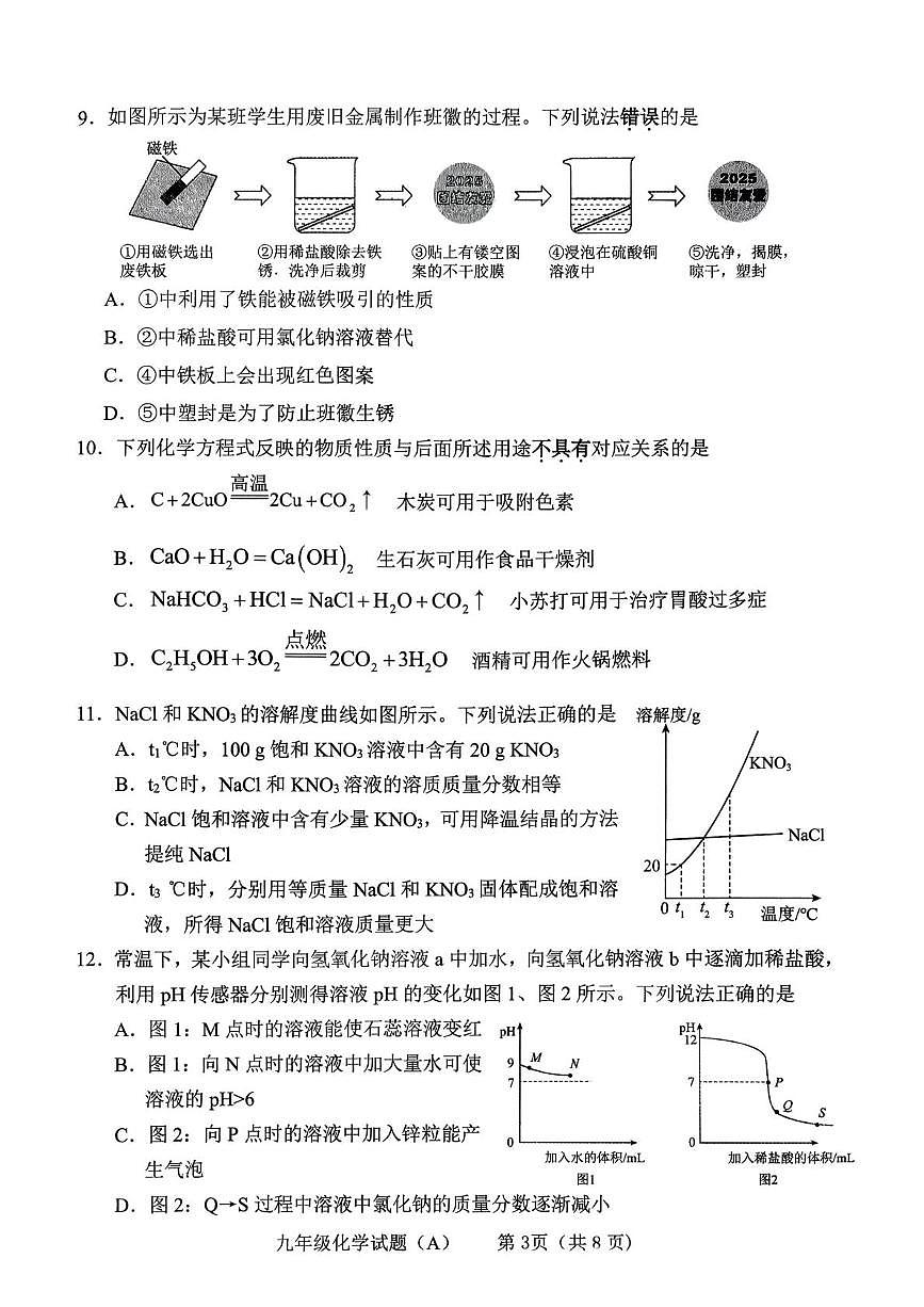 山东省临沂市临沭县2025-2026学年九年级上学期1月期末考试化学试题(A)(1)第3页