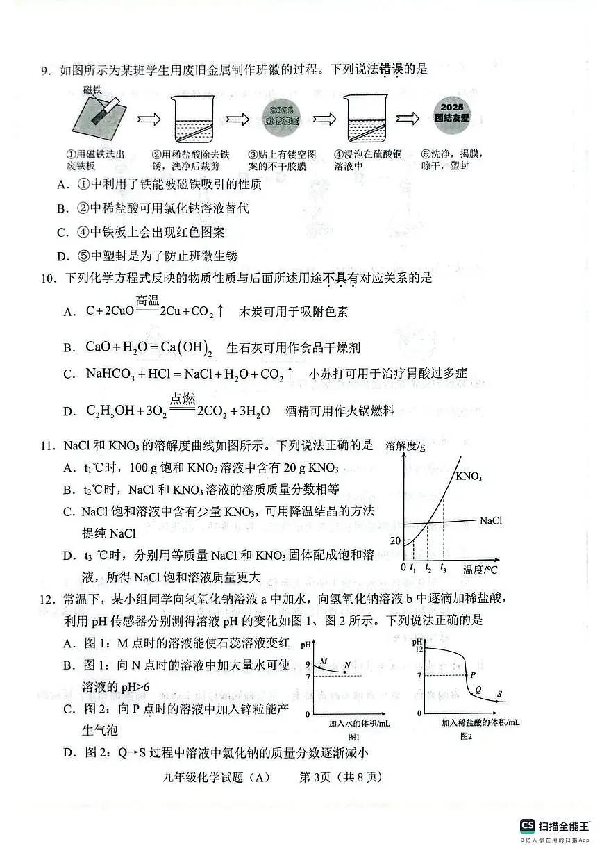 山东省临沂市临沭县2025-2026学年九年级上学期1月期末考试化学试题(A)第3页