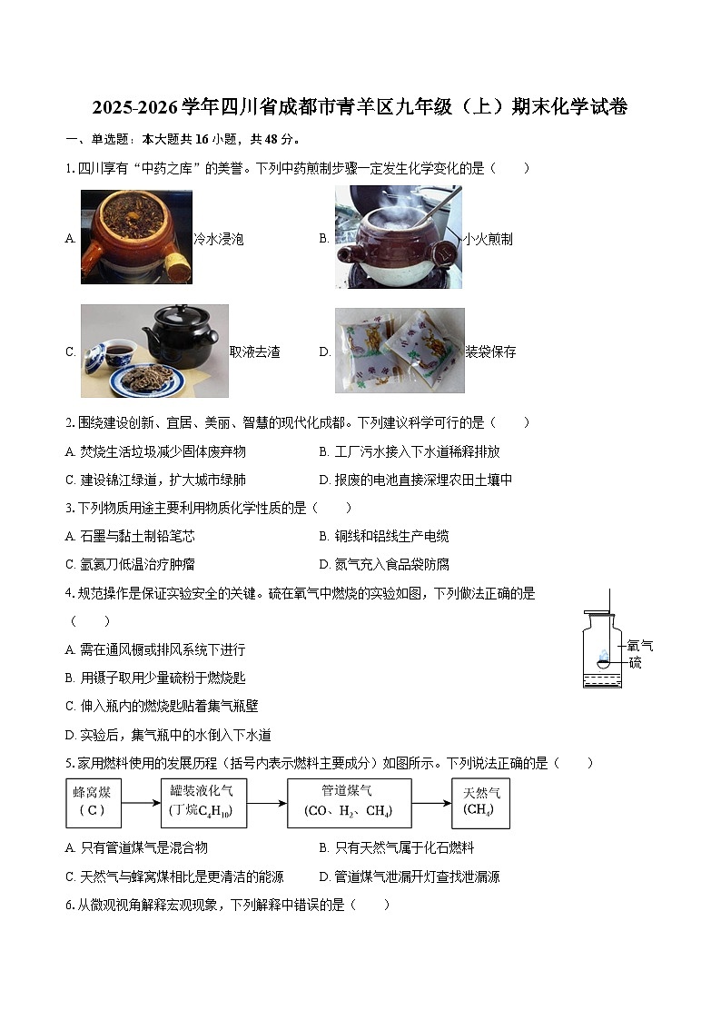 2025-2026学年四川省成都市青羊区九年级(上)期末化学试卷-自定义类型第1页