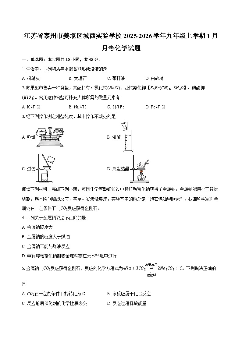 江苏省泰州市姜堰区城西实验学校2025-2026学年九年级上学期1月月考化学试题(含答案+解析)第1页