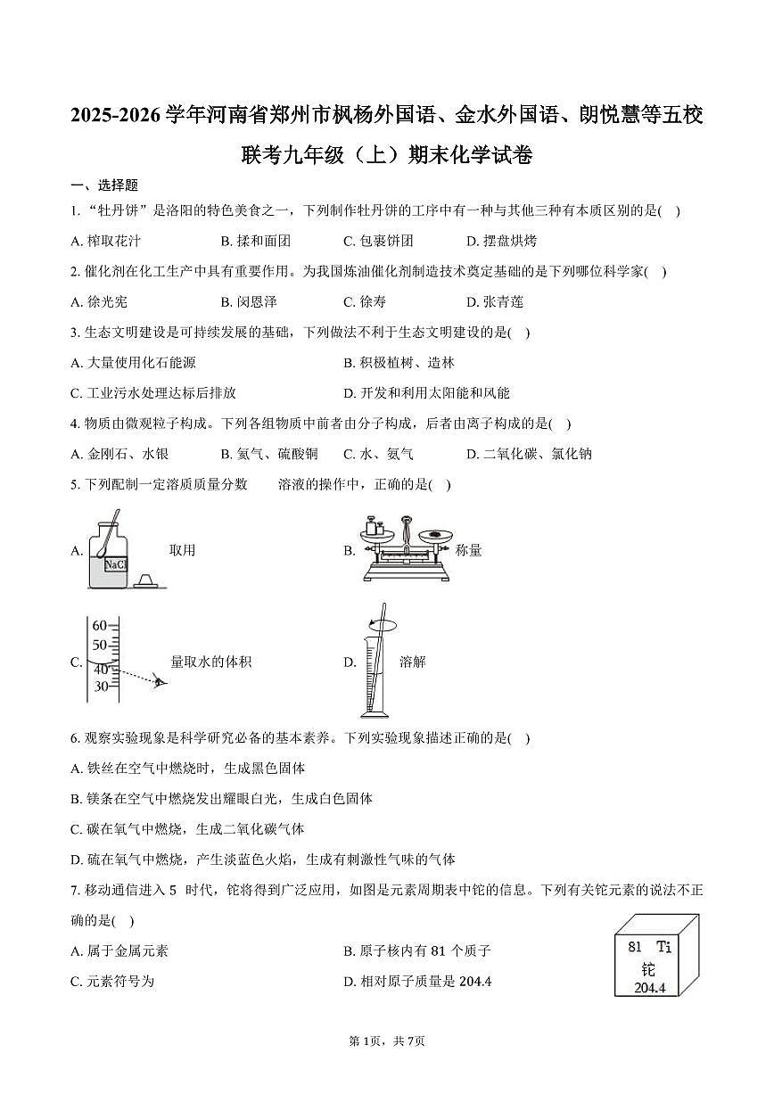 2025-2026学年河南省郑州市枫杨外国语、金水外国语、朗悦慧等五校联考九年级(上)期末化学试卷(含答案)第1页