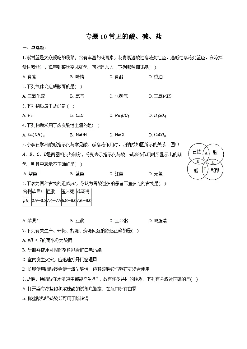 2025年中考化学第一轮复习专题10---常见的酸、碱、盐(江西专用)练习题 (含答案+解析)第1页