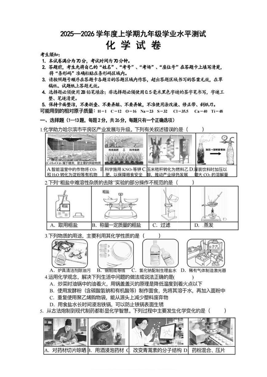 黑龙江省哈尔滨市平房区2025-2026学年九年级上学期期末化学试卷(含答案)第1页