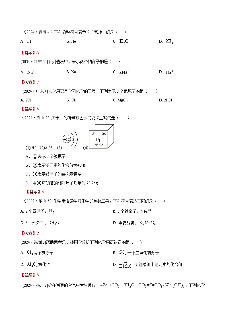 2024年全国各地中考化学真题分类精选8-1.化学用语(部分解析版)第1页