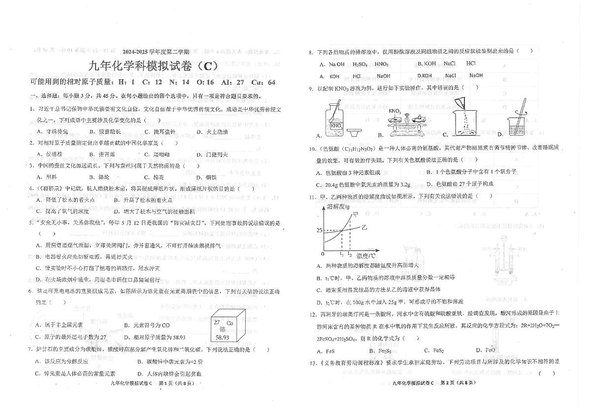 2025年广东省汕头市潮南区陈店公立学校中考一模化学试题第1页
