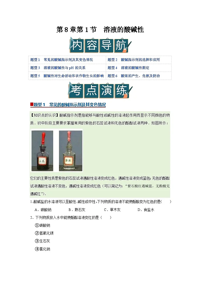 第8章第1节 溶液的酸碱性 2025-2026学年沪教版2024初中化学九年级下册同步复习讲义(原卷版)第1页