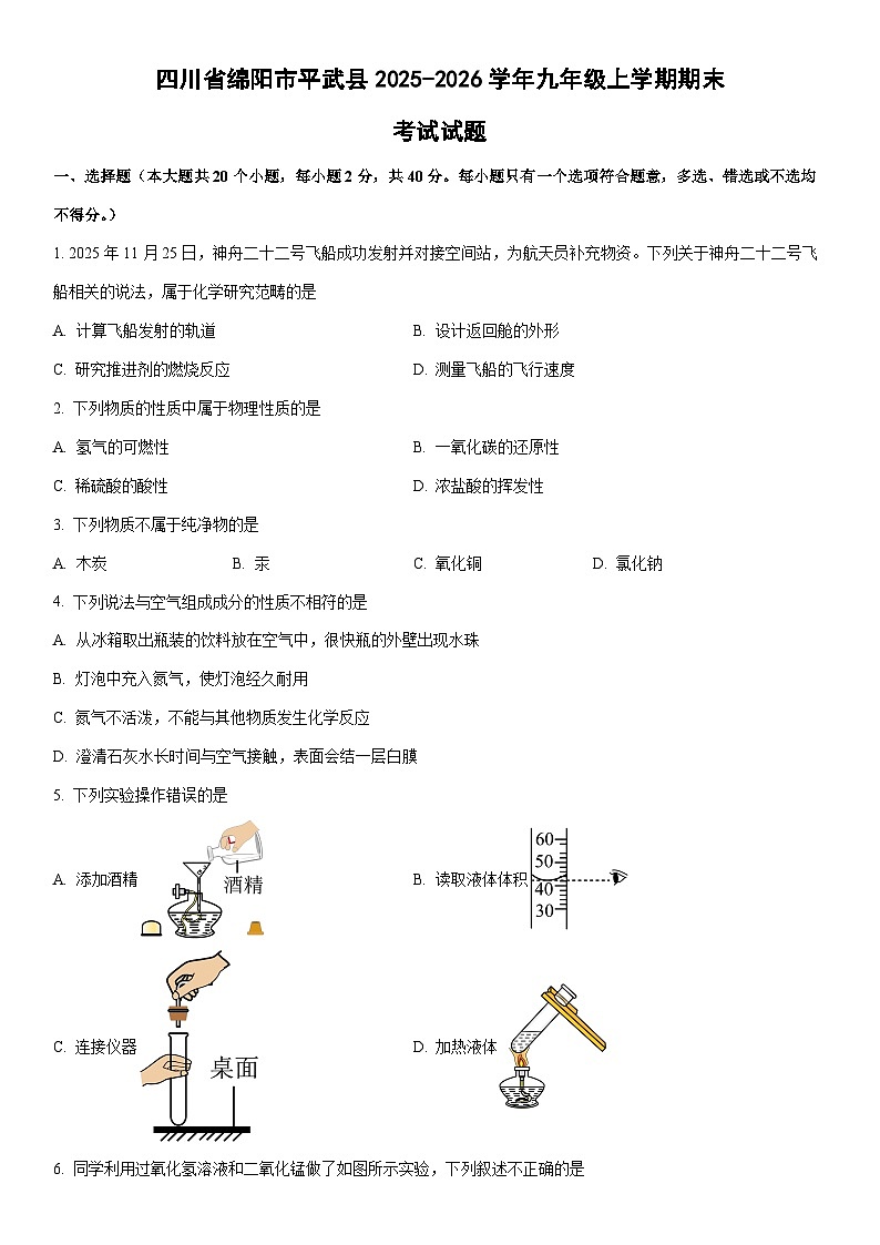 2025-2026学年四川省绵阳市平武县九年级上学期期末考试化学试卷(学生版)第1页