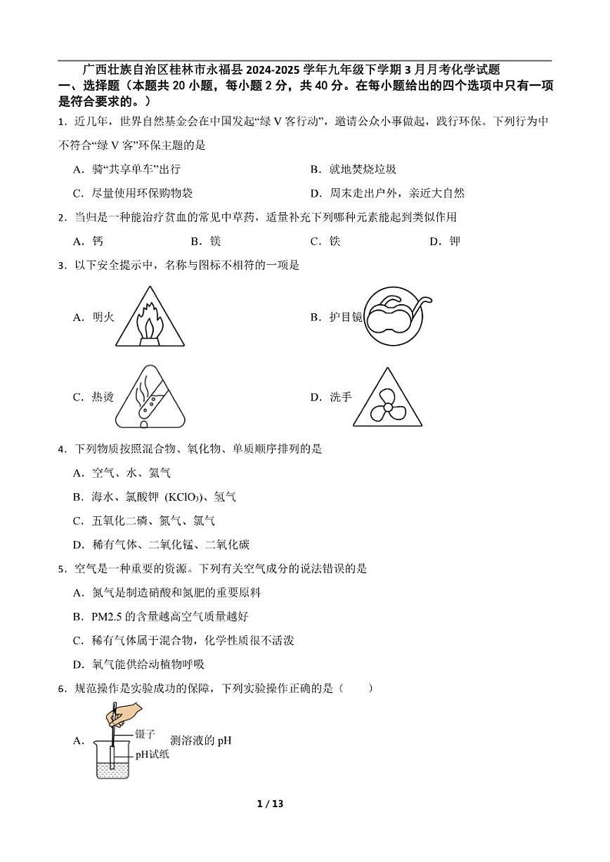 2024-2025学年广西壮族自治区桂林市永福县九年级下学期3月月考化学(含答案)试题第1页