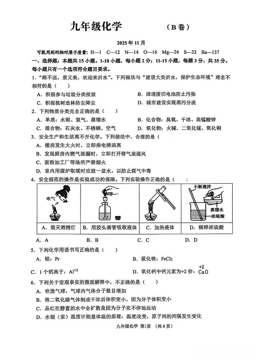2025-2026学年山东省临沂市沂水县九年级上学期末考试化学_(含答案_)试卷第1页