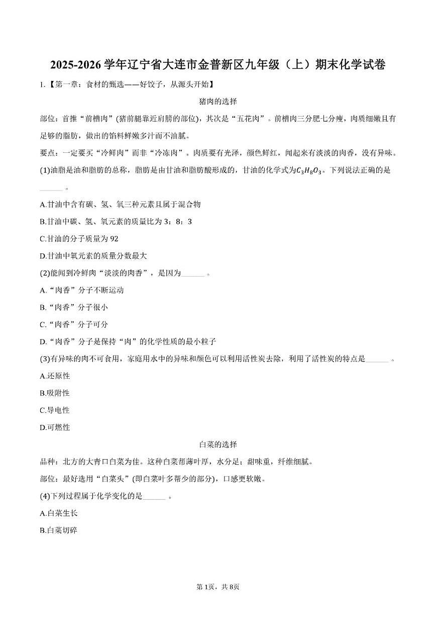 2025-2026学年辽宁省大连市金普新区九年级(上)期末化学试卷(含答案)第1页