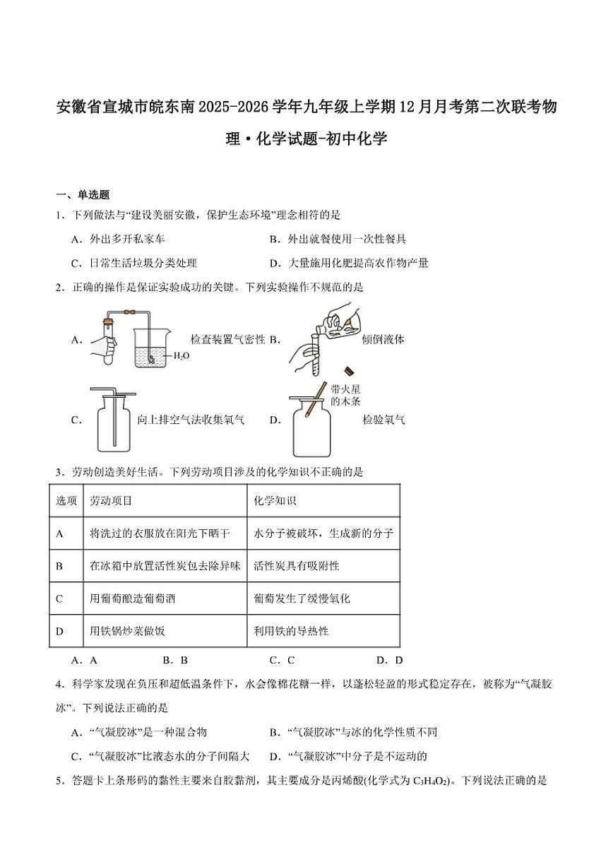2025-2026学年安徽省宣城市皖东南第二次联考九年级上学期12月月考化学_(含答案_)试卷第1页