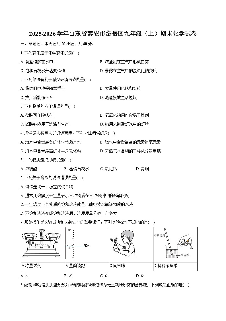 2025-2026学年山东省泰安市岱岳区九年级(上)期末化学试卷(含答案)第1页