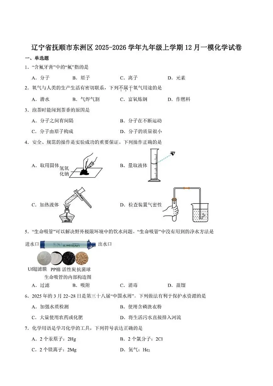 2025-2026学年辽宁省抚顺市东洲区九年级上学期12月一模化学试卷(含答案)第1页