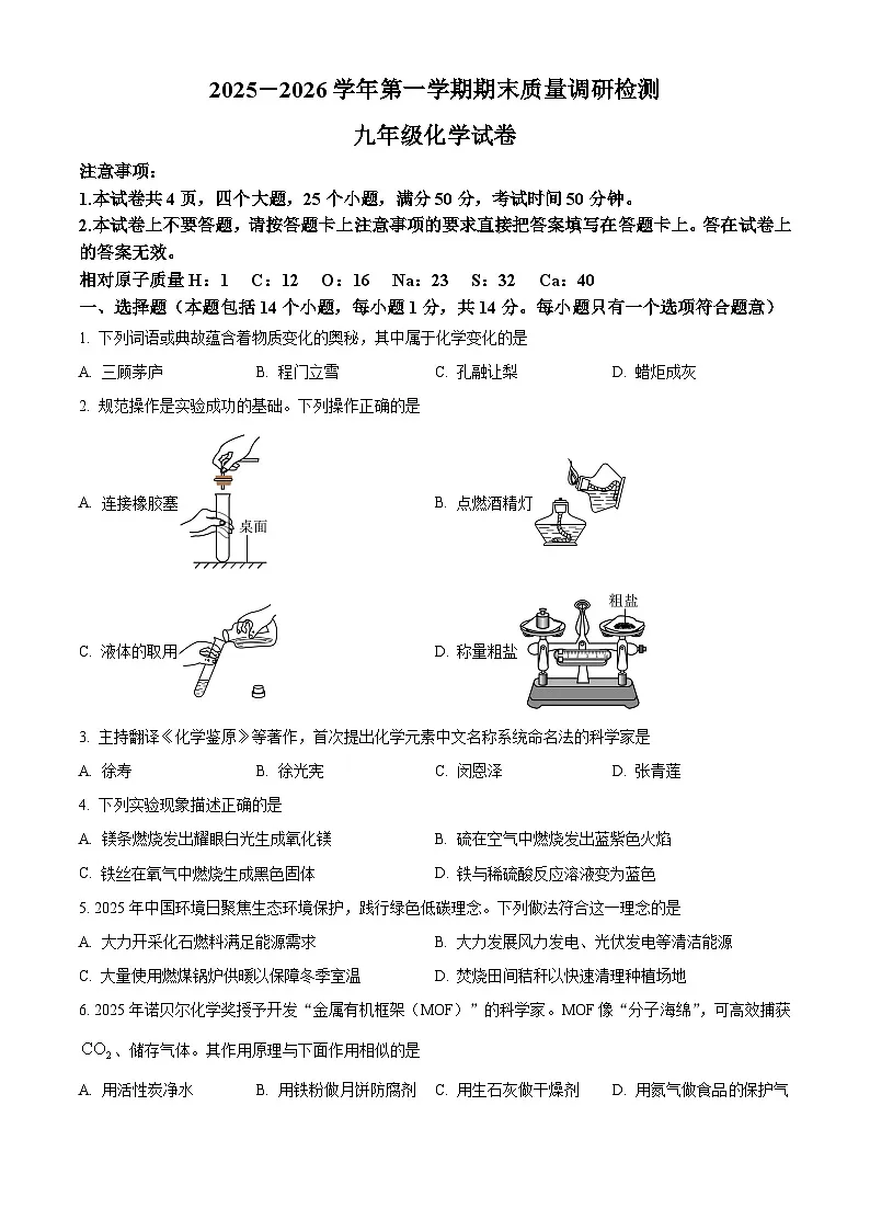 河南省洛阳市伊川县2025-2026学年九年级上学期期末质量调研检测化学试卷(试卷+解析)第1页