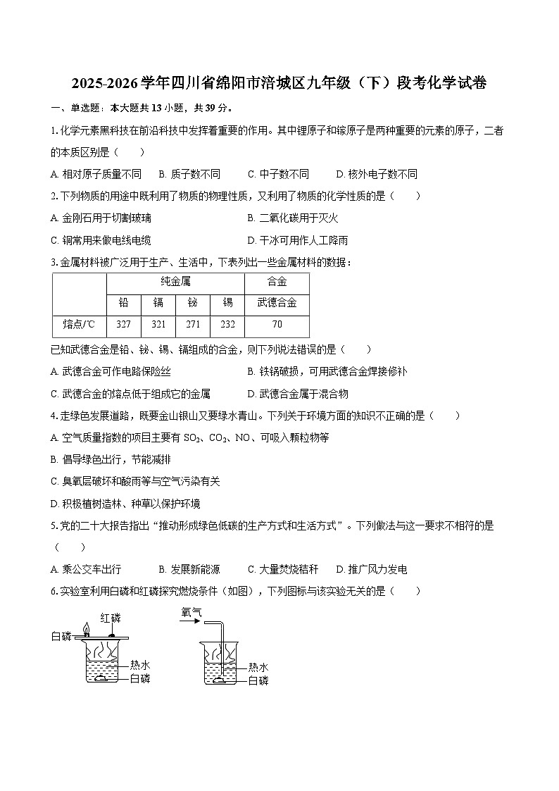 2025-2026学年四川省绵阳市涪城区九年级(下)段考化学试卷-自定义类型第1页