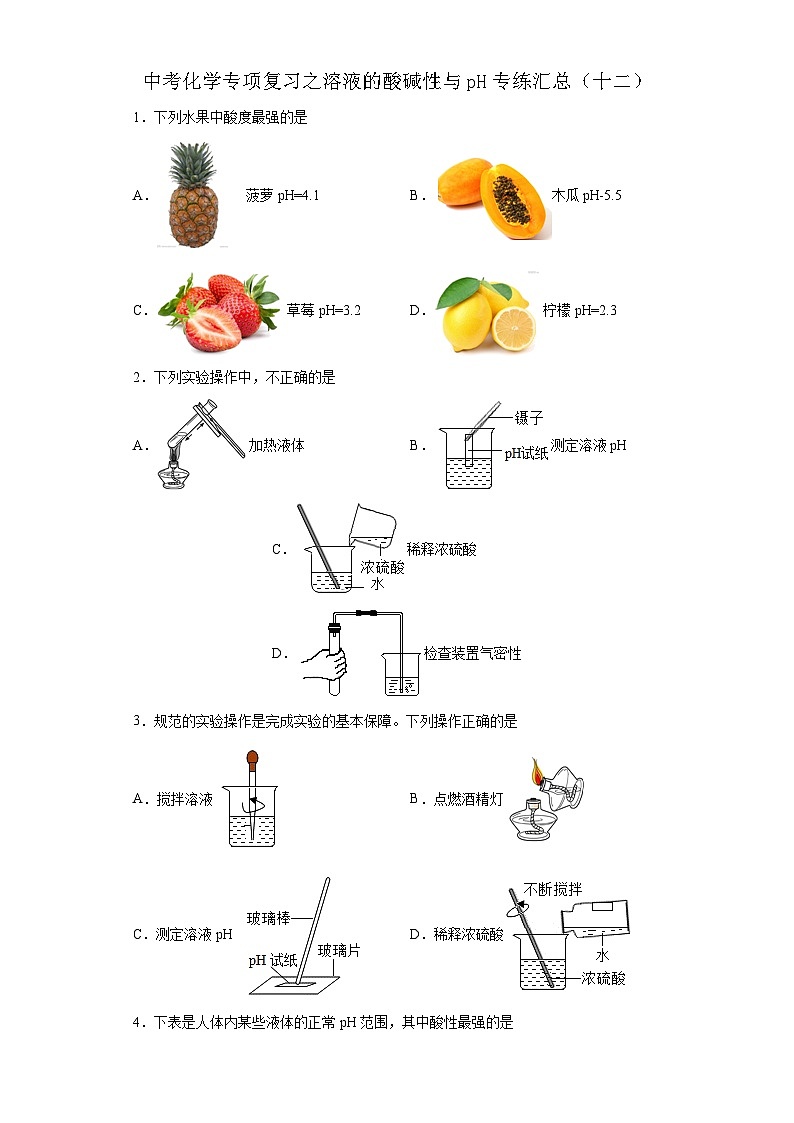 中考化学一轮复习专项巩固练习 溶液的酸碱性与pH专练汇总(十二)(含答案解析)第1页