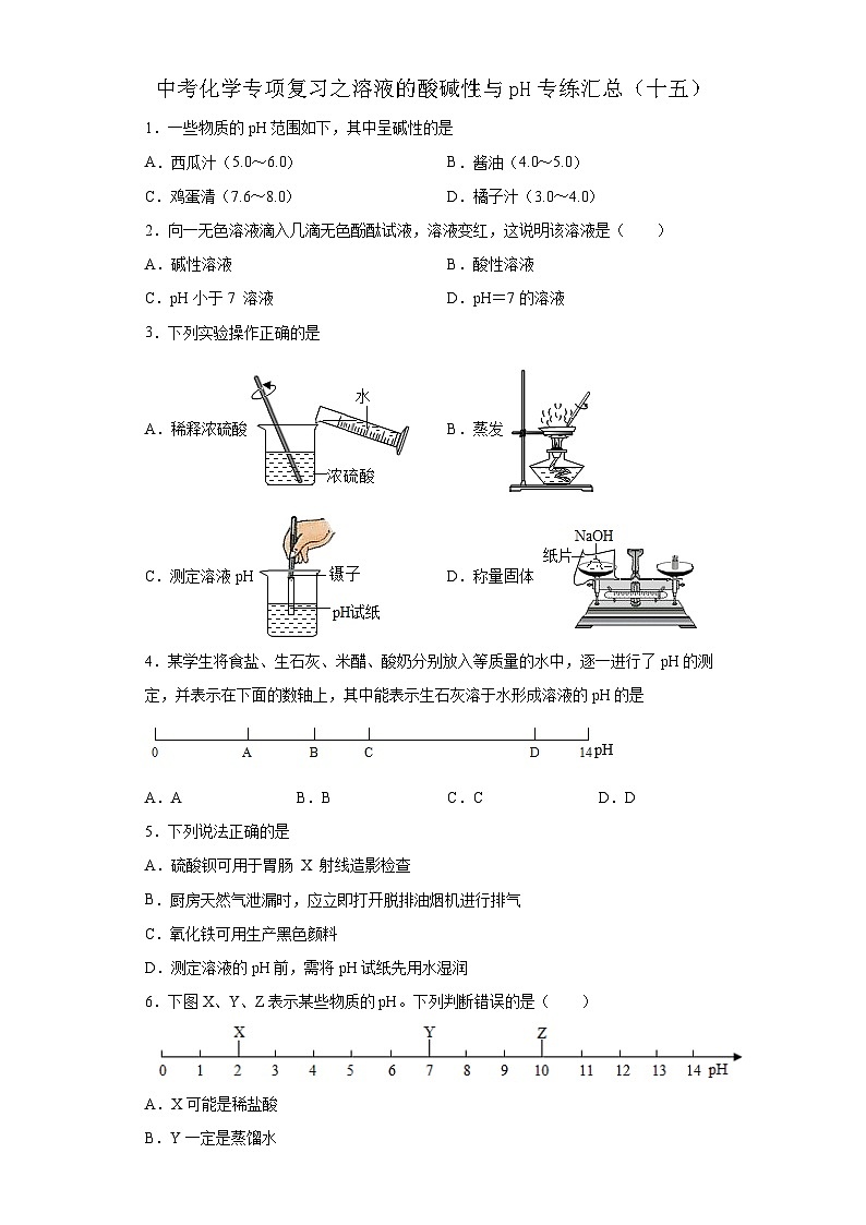 中考化学一轮复习专项巩固练习 溶液的酸碱性与pH专练汇总(十五)(含答案解析)第1页
