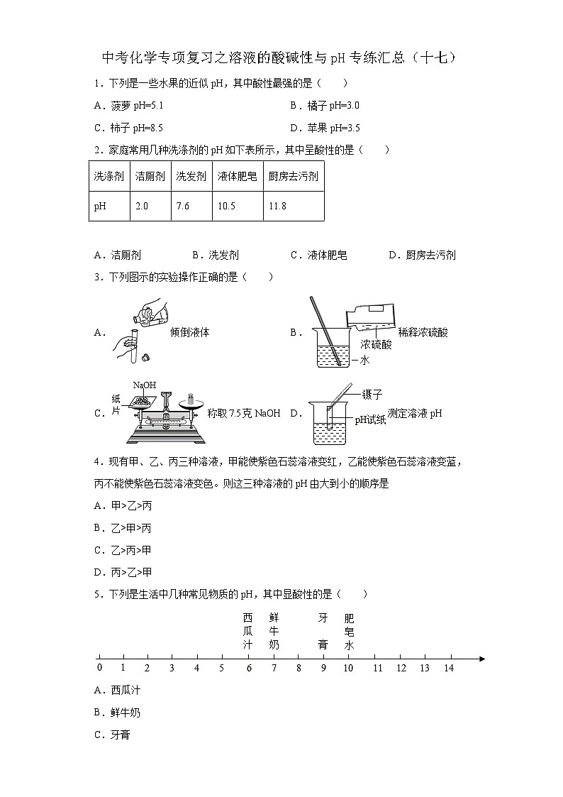 中考化学一轮复习专项巩固练习 溶液的酸碱性与pH专练汇总(十七)(含答案解析)第1页