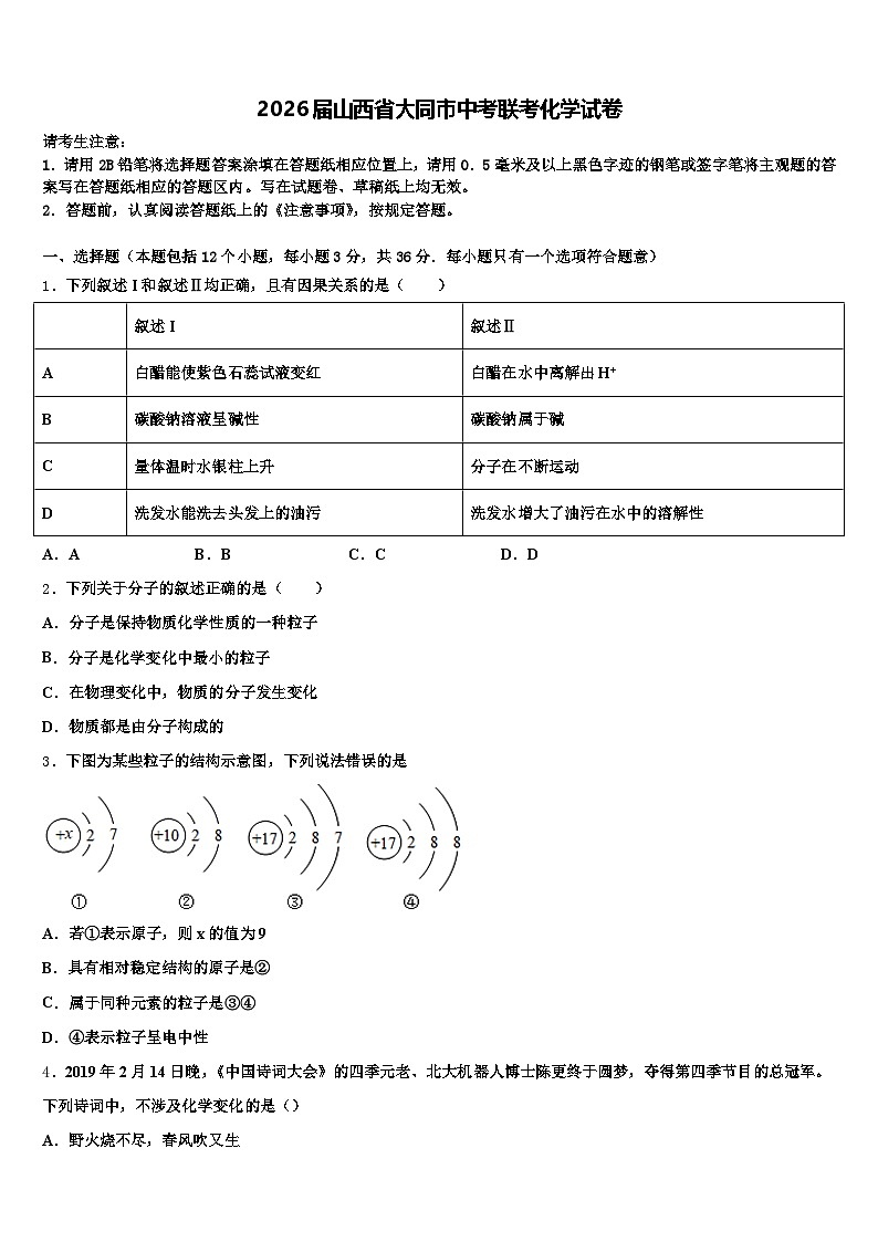 2026届山西省大同市中考联考化学试卷(含答案解析)第1页