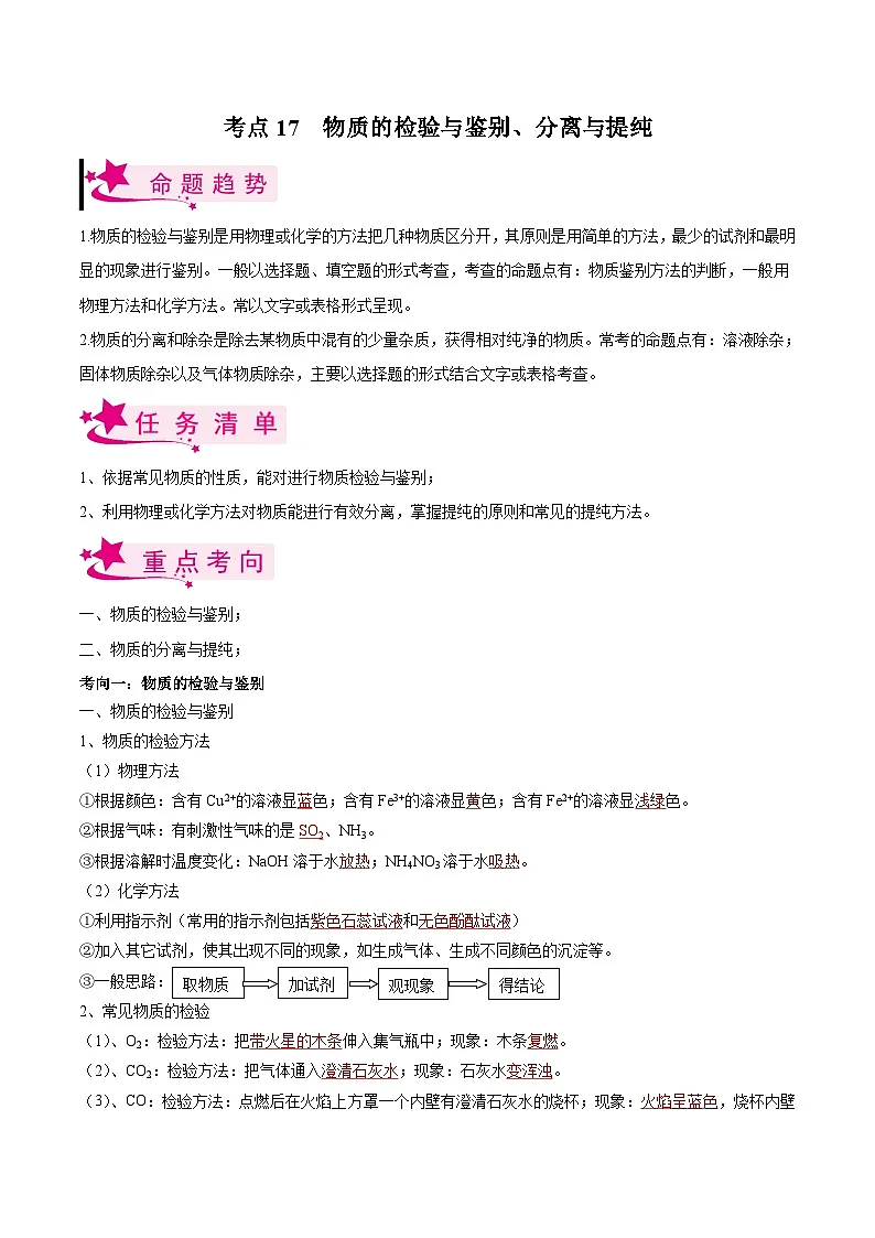 中考化学一轮复习考点练习考点17 物质的检验与鉴别、分离与提纯(解析版)第1页